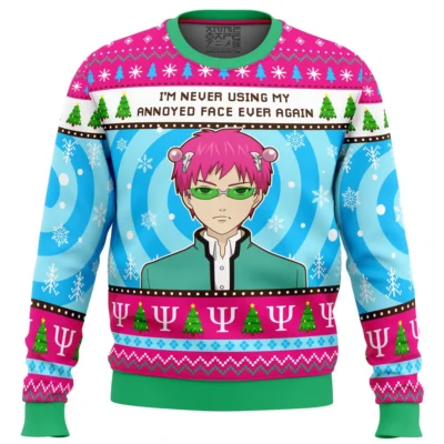 Im Never Using The Disastrous Life of Saiki K Ugly Christmas Sweater FRONT mockup - Saiki K Store